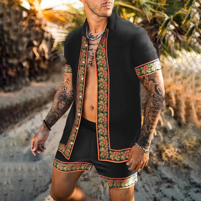 Men Lapel Patchwork Short Hawaiian Tracksuits