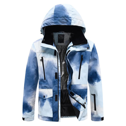 Women Tie-Dye Blue Hooded Ski Snowboarding Jacket