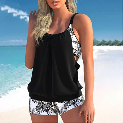 Women Purple Black 2pc Tankini Beach Swimwear Set