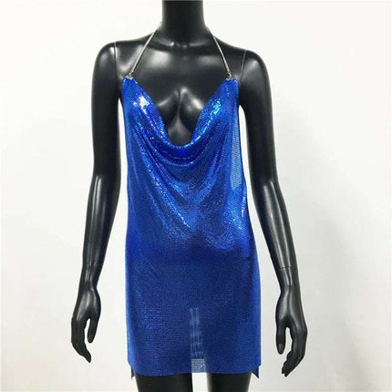 Women Backless Sequin Low Cut Mini Dress.