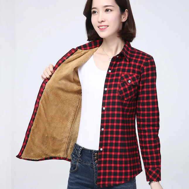 Women Winter Plaid Velvet Shirt Jacket