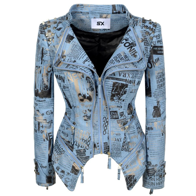 Women Vintage Denim Slim Fit Motorcycle Windbreaker Jacket