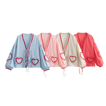 Women Vintage Heart Patchwork Party Blouse