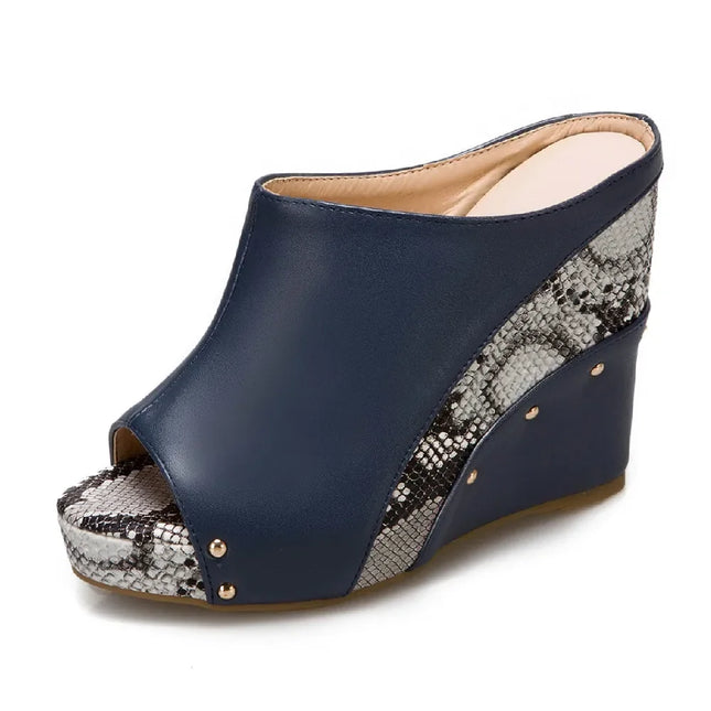 Women Blue Snakeskin Clubwear Thick Heel Mules