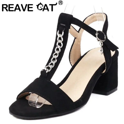 Women Black Chain Peep Toe Buckle High Heels