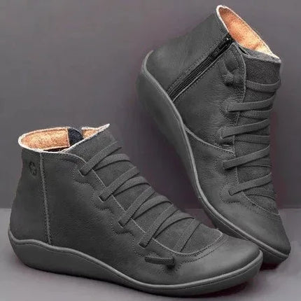 Women Retro Leather Stitch Low Ankle Boots