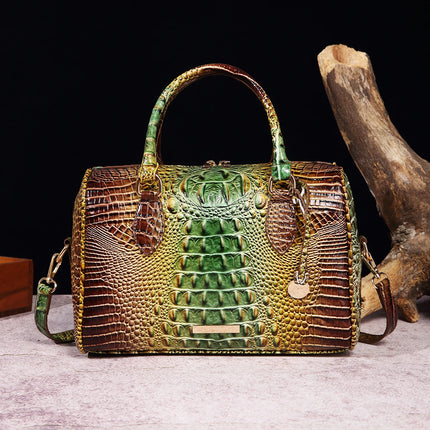 Women Crocodile Embossed Boston Satchel Handbag