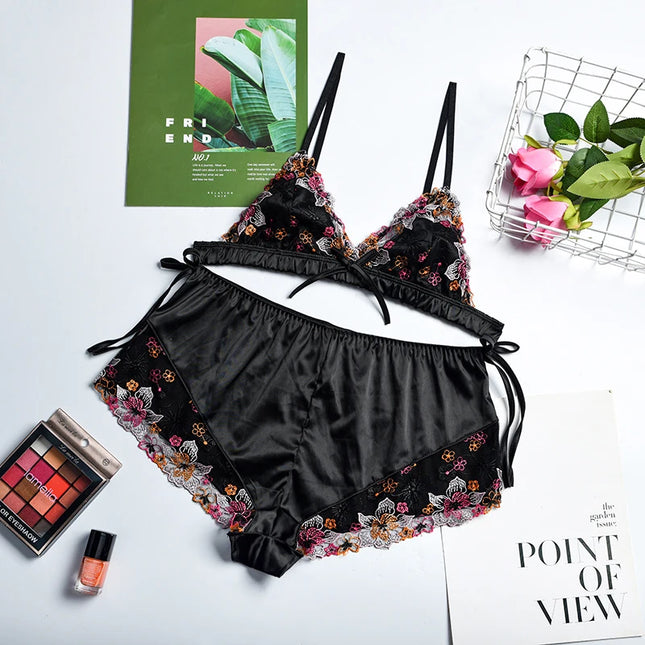 Women Embroidery Black 2pc Lingerie Set - Mad Fly Essentials