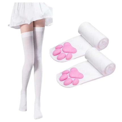 Women Cat Paw Thigh High Socks Gloves Set