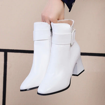 Women White Black Thick Heel Boots