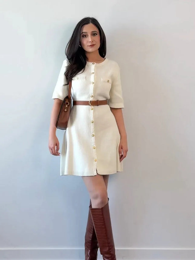 Women Elegant White Knitted Mini Dress