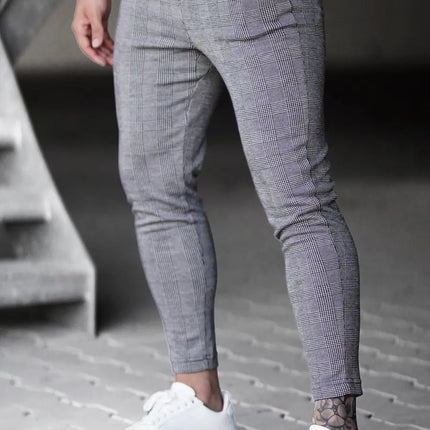 Men Elastic Checkered Plaid Chino Pants