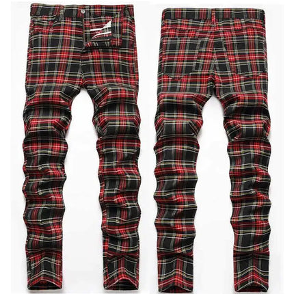 Men Business Casual Plaid High Stretch Red Black Pants