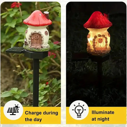 Solar Resin Mushroom House LED Garden Light