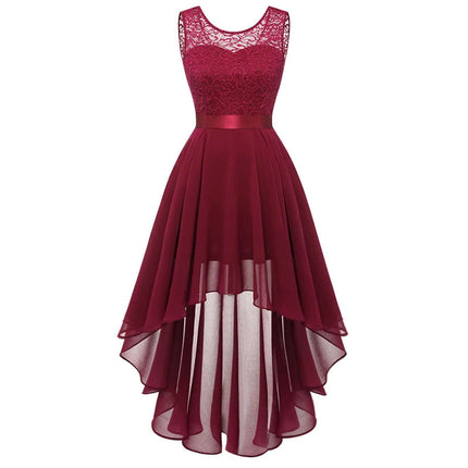 Women Red Lace Chiffon Evening Dress.