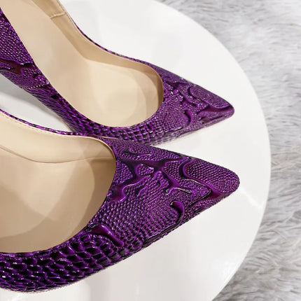 Women Purple Floral Embossed Crocodile Effect High Heels