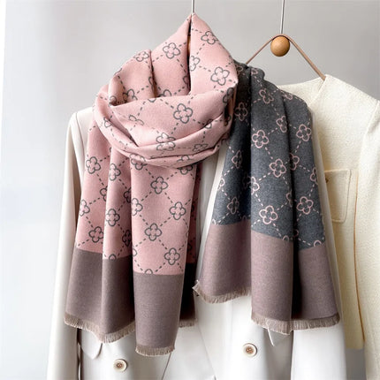 Women Winter Cashmere Double-Sided Pink Scarf Shawl