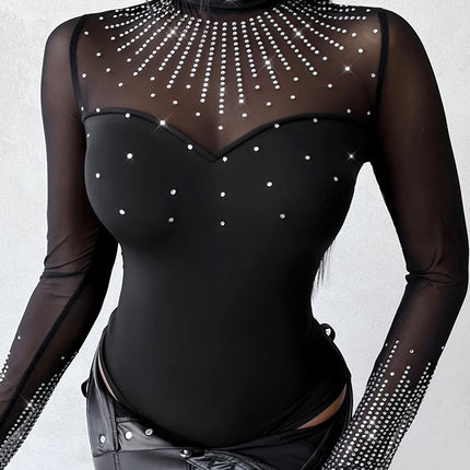 Women Solid Long Contrast Rhinestone Bodysuits