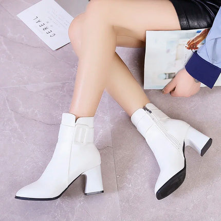 Women White Black Thick Heel Boots