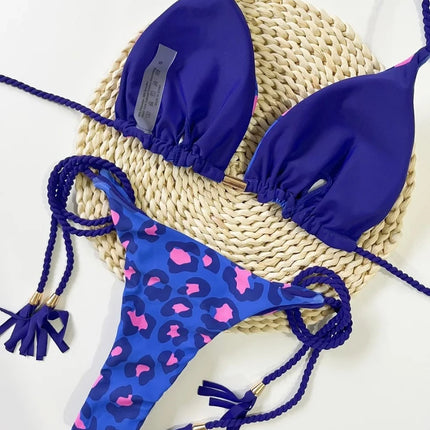 Women Blue Pink Sexy Leopard Bikini Swimwear Set
