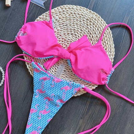 Women Halter Flamingo Print Bikini Swimwear Set