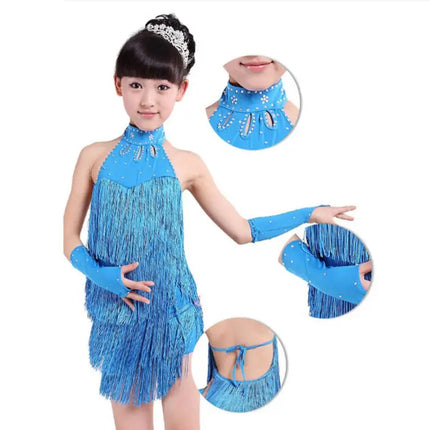 Girl Solid Tassel Latin Salsa Dancing Dress