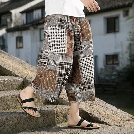 Men Japanese Samurai Plaid Harem Pants