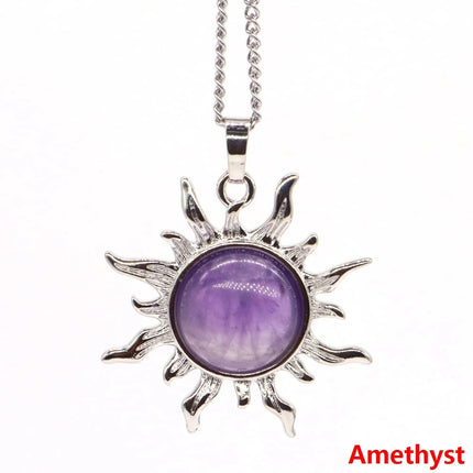 Women Bohemian Sun Flower Natural Amethyst Pendant