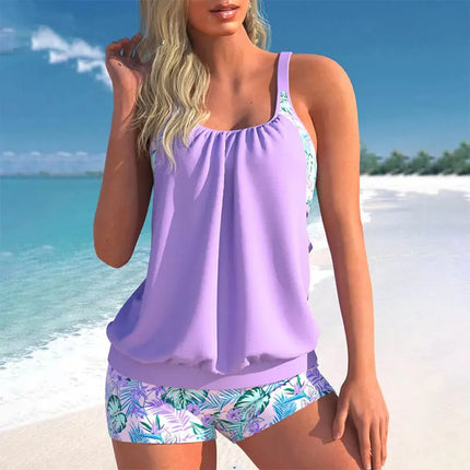 Women Purple Black 2pc Tankini Beach Swimwear Set