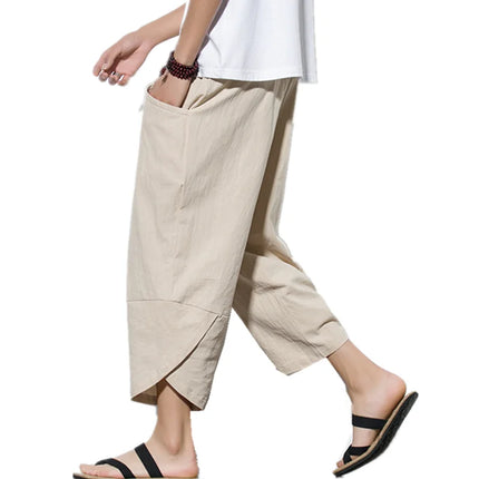 Men Khaki Black Asian Linen Pants