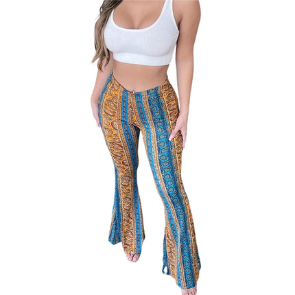 Women Boho Floral Striped Flare Palazzo Pants