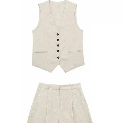 Women Vintage Solid Vest Shorts Set