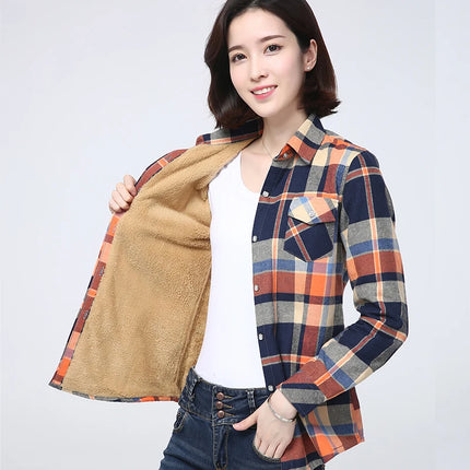 Women Winter Plaid Velvet Shirt Jacket