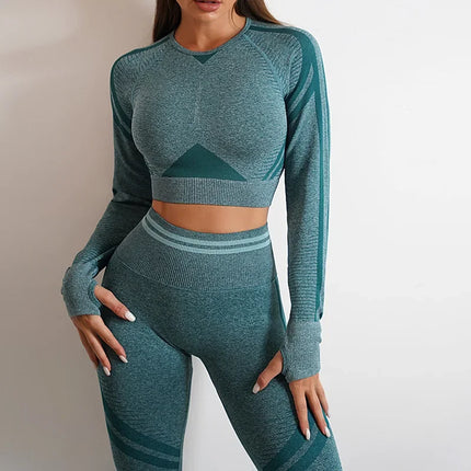 Women Solid Blue Leggings Crop Top Activewear Sets