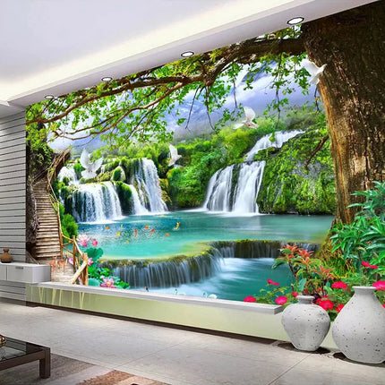 Custom 3D Tree Waterfall Landscape Mural Wallpaper