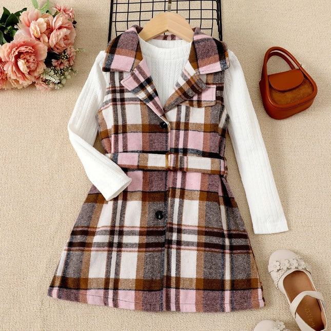 Girl Long 2pc Plaid Houndstooth Lapel Skirt Dress