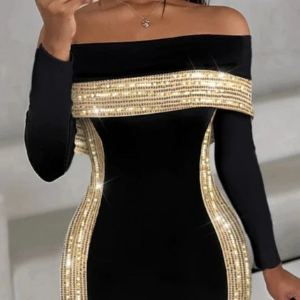 Women Sequin Black Gold Party Midi Dress