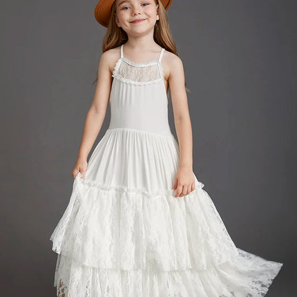 Girls Lace Long Princess Flower Wedding Birthday Party Dress