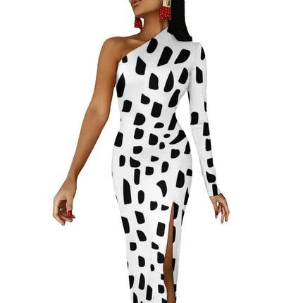 Women Dalmatian Animal Spotted Black Maxi Dress