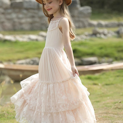 Girls Lace Long Princess Flower Wedding Birthday Party Dress