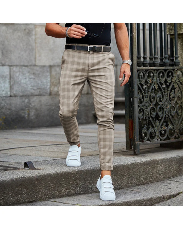 Men Business Casual Golden Plaid Pants