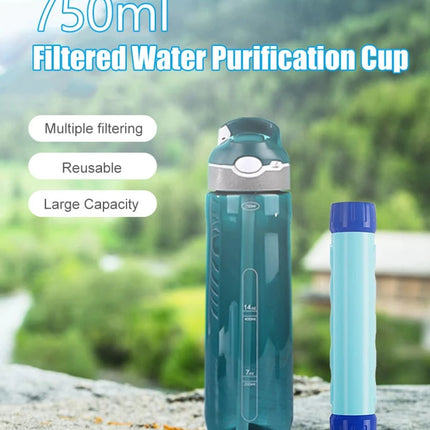 Outdoor 750mL Water Filter Survival Straw Drinking Bottle