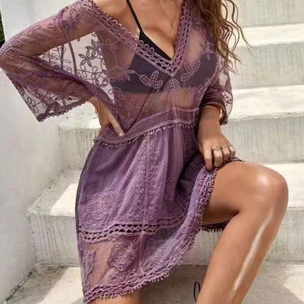 Women 2024 Sexy Beach Cover-Up V-Neck Crochet Swimwear