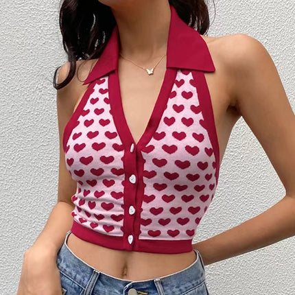 Women Halter Backless Love Hearts Crop Tops