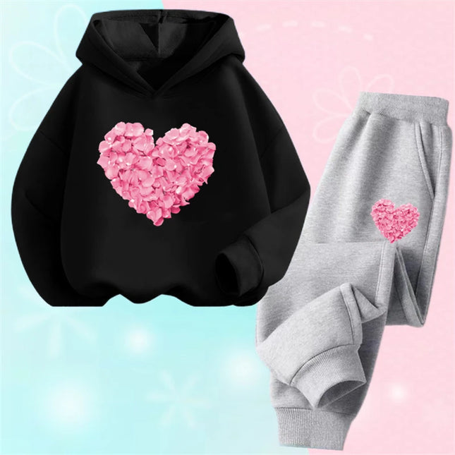 Girls Modern Black Pink Heart 2pc Hoodie Clothing Set