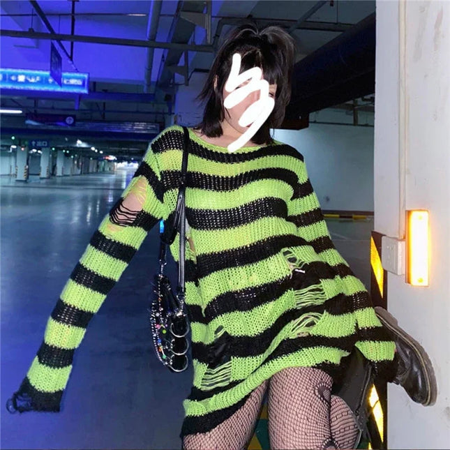 Women Gothic Striped Hollow Long Sweaters