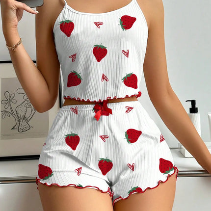 Women Summer Heart Crop Top Pajama Set