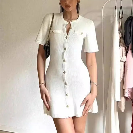 Women White Knitted Button Mini Dress