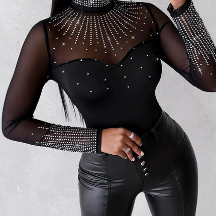 Women Solid Long Contrast Rhinestone Bodysuits