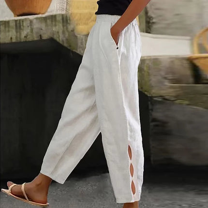 Women Vintage Fashion Solid Linen Pocket Pants